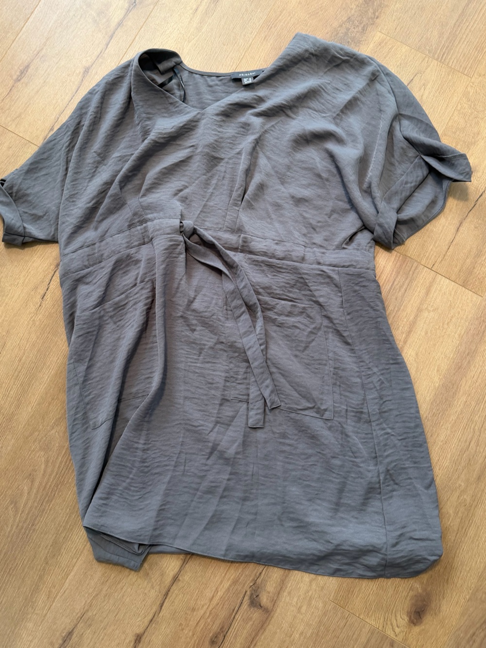 Gray Casual Short-Sleeve Dress with Waist Tie